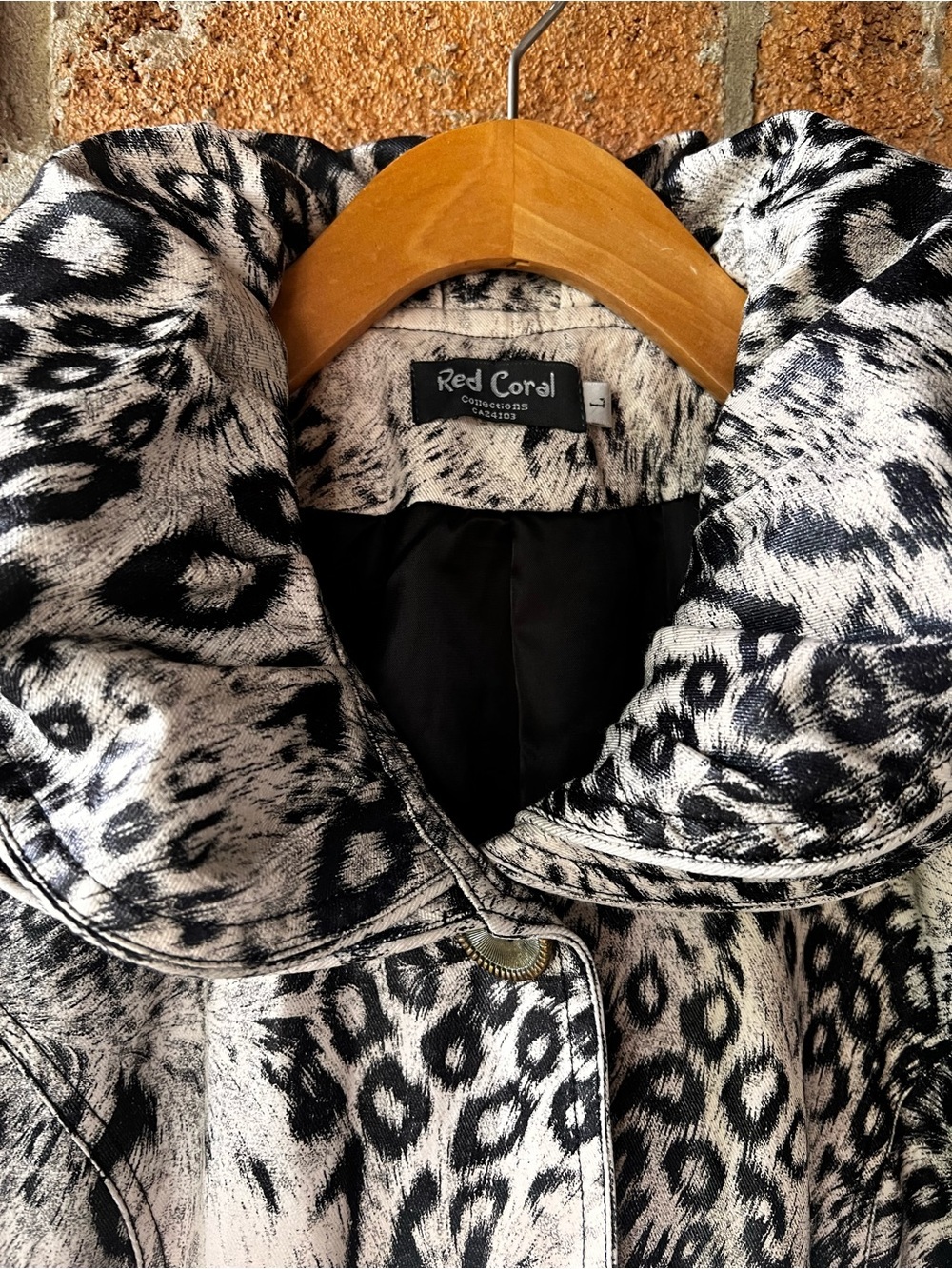 Red Coral Animal Print Leopard Bubble Hem Statement Coat Bell Sleeve L - Picture 6 of 16